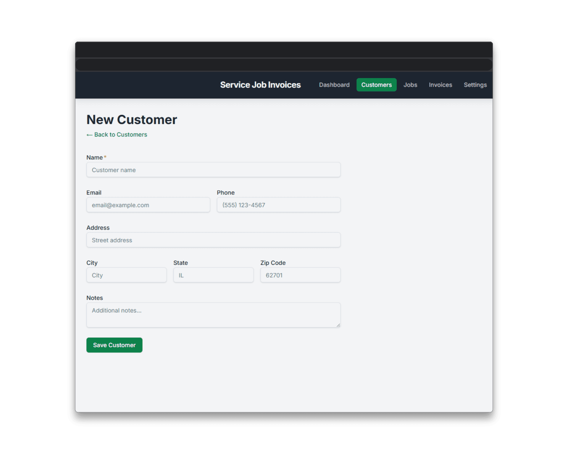 Service Invoice Pro - Add Customer screen