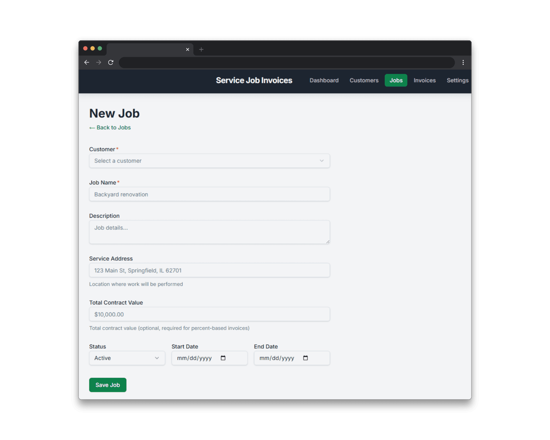 Service Invoice Pro - Create New Job screen